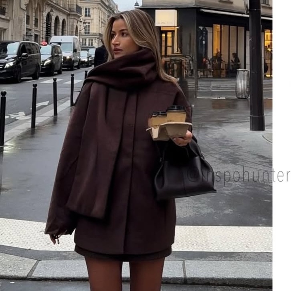 Zara NWT brown wool blend jacket coat with scarf - Picture 14 of 14